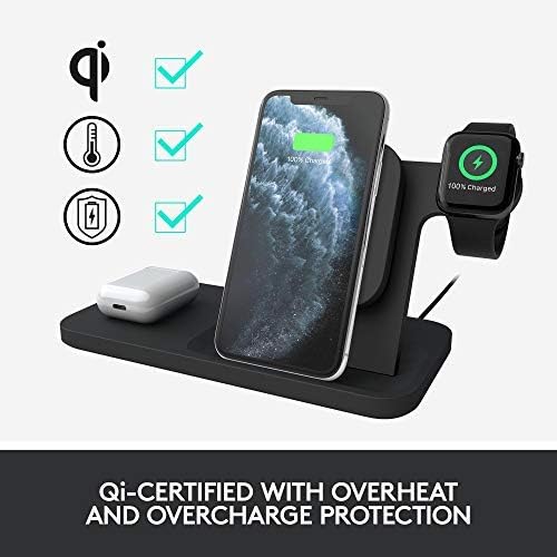 Logitech Powered 10W Wireless Charging 3-in-1 Dock Graphite for iPhone 11 Pro Max/11 Pro/11/XS Max/XS/XR/X Apple Watch 5/4/3/2/1 Airpods Pro Airpods 2 Airpods 1 and Other qi-Enabled Devices