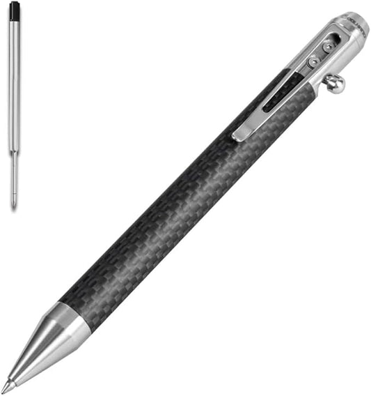Cool Hand 4.5'' Carbon Fiber Bolt Action Pen with Retractable Stylus Tip for Any Touch Screen Compact Size Skelton Out Deep Pocket Clip (5.7''Carbon Fiber Silver)