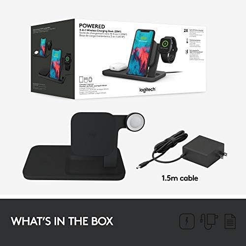 Logitech Powered 10W Wireless Charging 3-in-1 Dock Graphite for iPhone 11 Pro Max/11 Pro/11/XS Max/XS/XR/X Apple Watch 5/4/3/2/1 Airpods Pro Airpods 2 Airpods 1 and Other qi-Enabled Devices