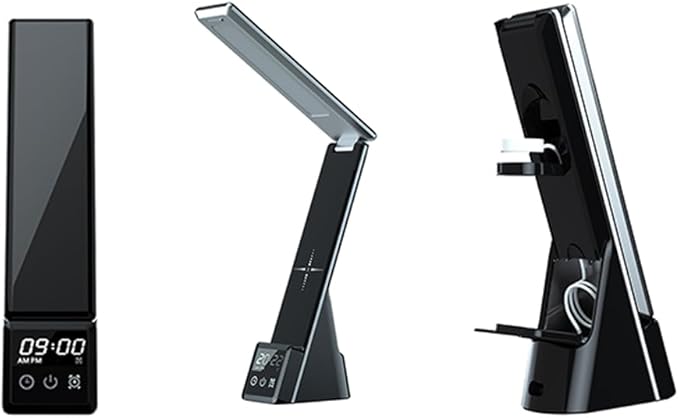 IHAO 6in1 Multifunctional Foldable LED Desk Lamp with Wireless Charger Digital Alarm Clock Eye-Care Lighting 3 Color Modes 15W Qi Charger for Phone/Headphones Apple Watch Compatible-Black