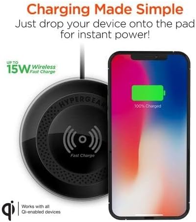 HyperGear ChargePad Pro Wireless Charging Pad - (Black) 15W Fast Charging Wireless Portable Charger Soft Grips &amp LED Power Indicator Qi Compatible Android AirPods &amp iPhone Charger for Home
