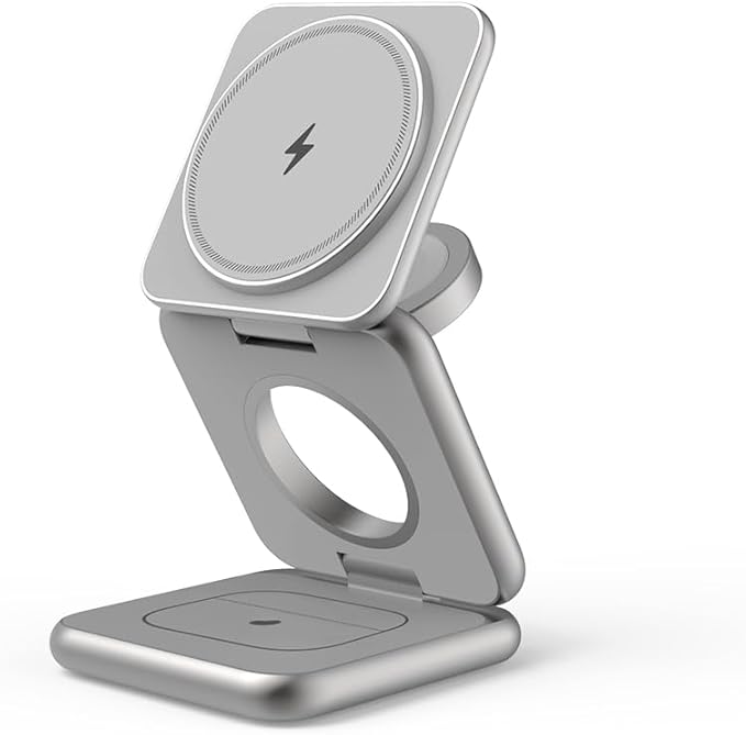 REDBEAN 3-in-1 Foldable Wireless Charging Station MagSafe Fast Charger Compatible with iPhone 16/15/14/13/12 Pro Max 5W for AirPods 2W for Apple Watch Series Silver