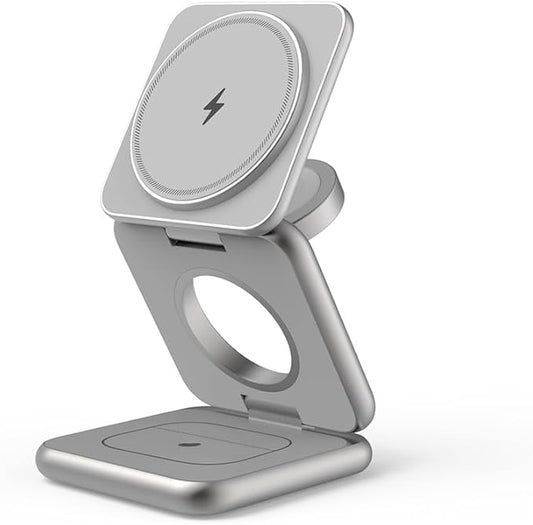 REDBEAN 3-in-1 Foldable Wireless Charging Station MagSafe Fast Charger Compatible with iPhone 16/15/14/13/12 Pro Max 5W for AirPods 2W for Apple Watch Series Silver