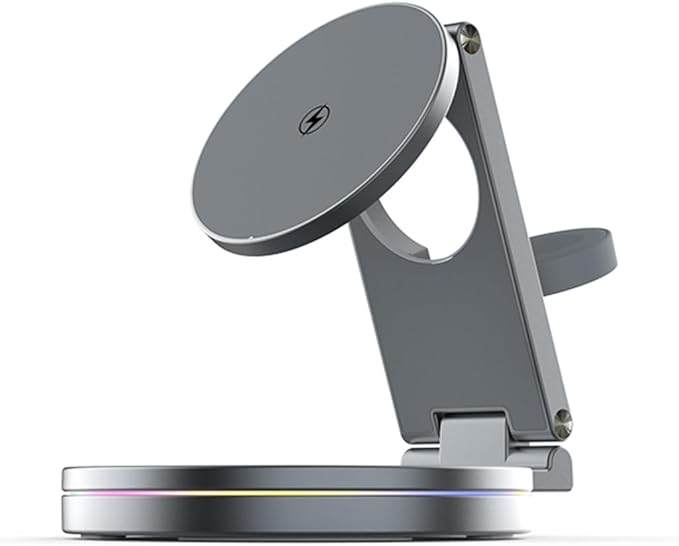 Metal Rotating Wireless Charging Stand for Phone Smartwatch Devices 3 in 1 Function Auto Dimming Lights Compact Foldable