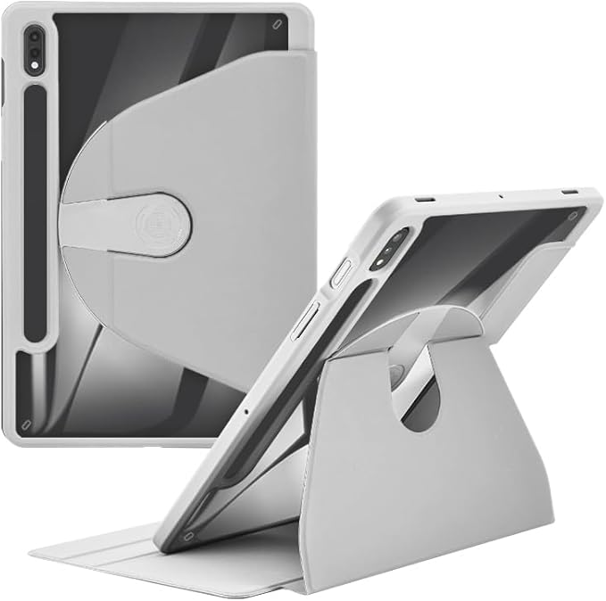 Rotating Case for Samsung Galaxy Tab S8 Plus 2022 / S7 FE 2021 / S7 Plus (SM-T970 T975 T976) 2020 12.4-Inch with Pencil Holder 360 Degree Rotation Clear Back Cover Auto Wake/Sleep (Grey)