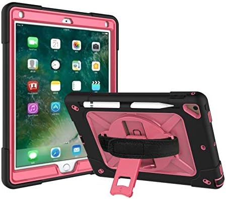 Jaorty for iPad air 2/iPad Pro 9.7 2016 case360 Rotable Handle Kickstand Layer Pencil Holder Shockproof with Strap Shoulder Case for iPad 6th/5th GenerationNew iPad 9.7 2017/2018Black+Rosered