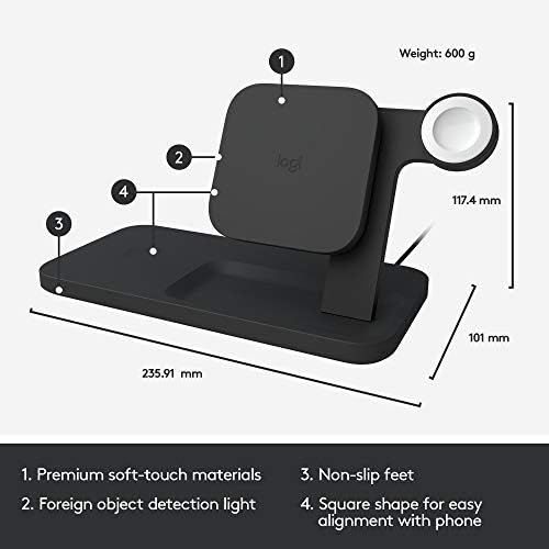 Logitech Powered 10W Wireless Charging 3-in-1 Dock Graphite for iPhone 11 Pro Max/11 Pro/11/XS Max/XS/XR/X Apple Watch 5/4/3/2/1 Airpods Pro Airpods 2 Airpods 1 and Other qi-Enabled Devices