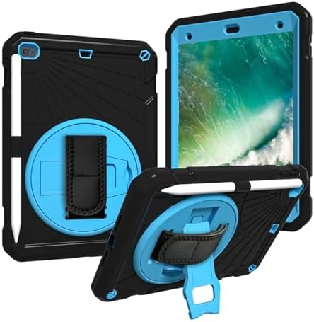 Case for iPad mini 5/4 with Screen Protector Pencil Holder [360 Rotating Hand Strap] &amp Stand Drop-Proof Case for iPad mini 5th/4th Generation 7.9 inch(Black+Blue)