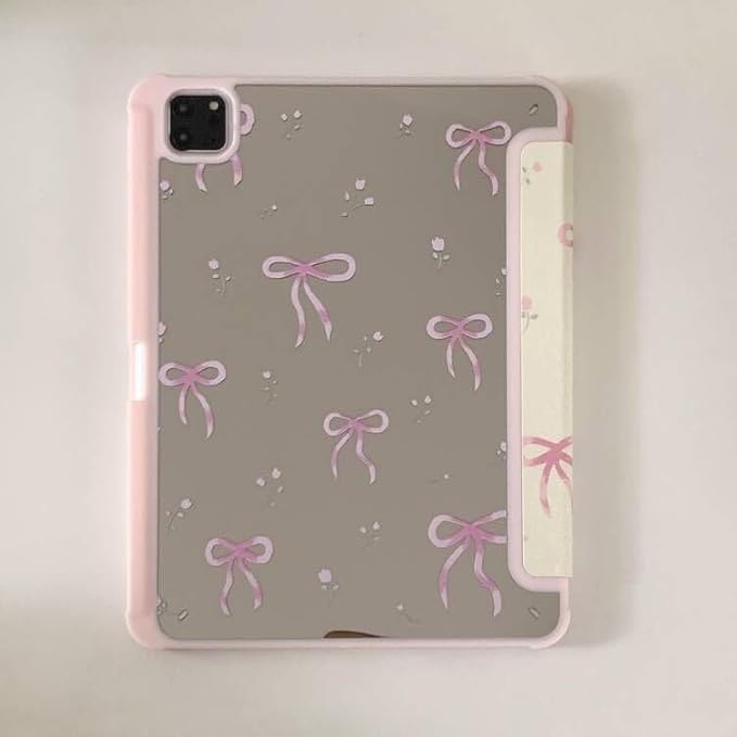 Auto Sleep/Wake Leather Stand Folio Case with Kickstand Stylus Holder for Apple iPad 10.2-inch 9 9th Generation 2021 White Pink Bow Floral Beautiful Cute Lovely Adorable Girls