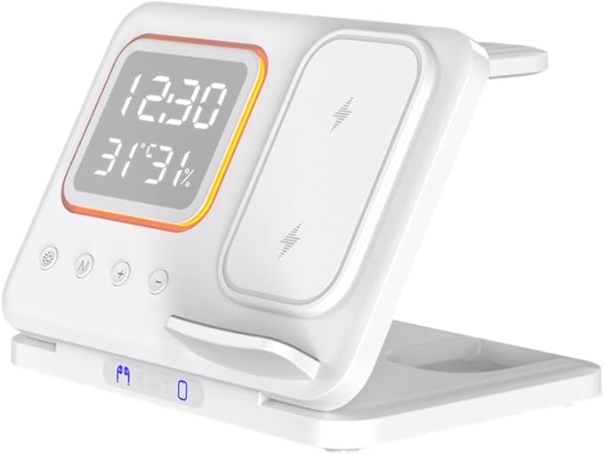 AYI 5in1 Multi Functional Wireless Charging Station with Digital Clock 15W Fast Charge Night Light Temperature Humidity Monitor Wireless Charger for All Qi Phone TWS Headphone and Apple Watch-White