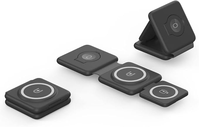 Wireless Charging Station 3 in 1 Foldable Magnetic 15W Travel Multiple Devices Fast Charger for iPhone 16/15/14/13/12 Series AirPods 3/2/Pro/Pro2 iWatch (Black)