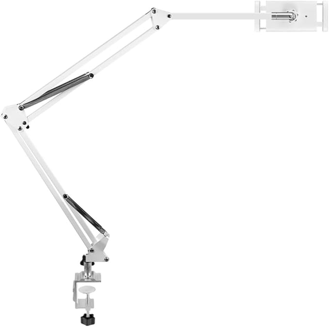 Heavy Duty Phone/Tablet Metal Holder Universal Mobile Cell Smartphone Mount Lazy Bracket 360° Rotation Gooseneck Clamp Stand Flexible Long Arm (White 3-Section)