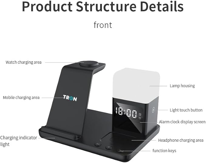 Tron Multifunction 6 in 1- Wireless Charger Fast Charging for iPhone Apple Watch &amp Airpods with Lamp &amp Clock TR20 Model