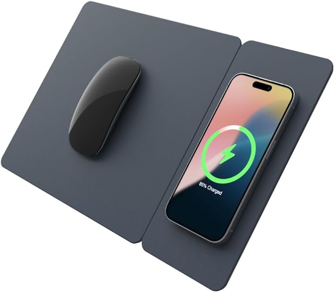 POUT H3 Split Wireless Charging Mouse Pad – Fast Qi Charger with Magnetic Attachment – Smooth Surface &amp Anti-Slip Base – Compatible with Smartphones and Earbuds (Midnight Blue)