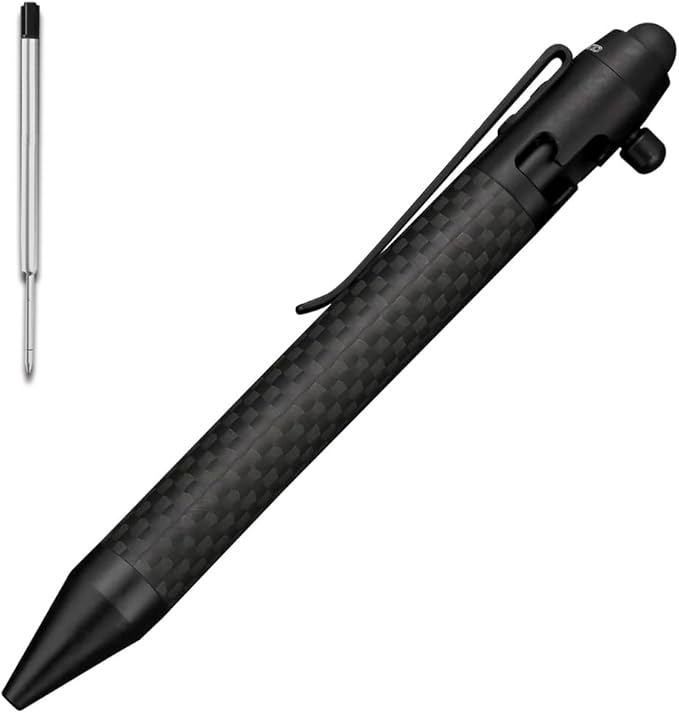 Cool Hand 4.9'' Carbon Fiber Bolt Action Pen Stylus for Touch Screen Ballpoint Ink Refillable Compact Size Skelton Out Deep Pocket Clip for Easy Carring