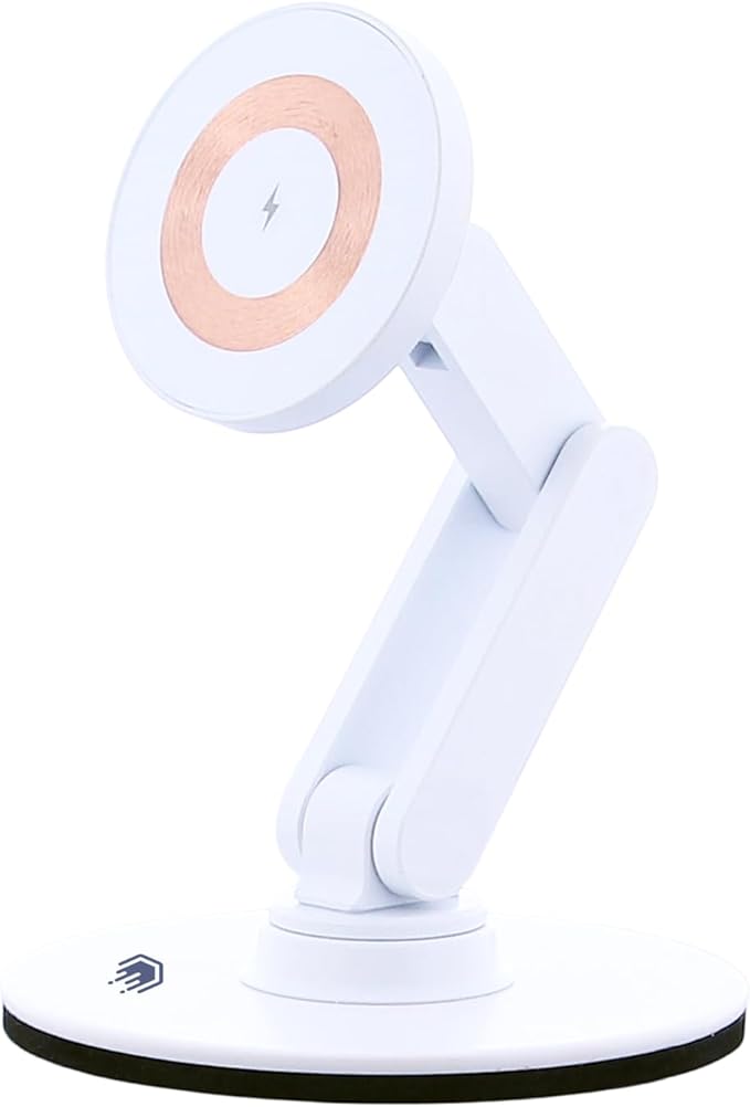 ClikDock Cell Phone Magnetic Wireless Charger Stand 360° Spin Aluminum Construction Compatible with MagSafe Phones for iPhone &amp Andriod (White)