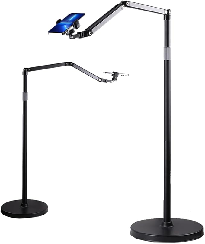 Phone Floor Stand for Recording Cell Phone Holder for Bed Adjustable Tall Stand with Ultra-Long Extension Arm 360° Swivel Compatible with iPhone Samsung and More