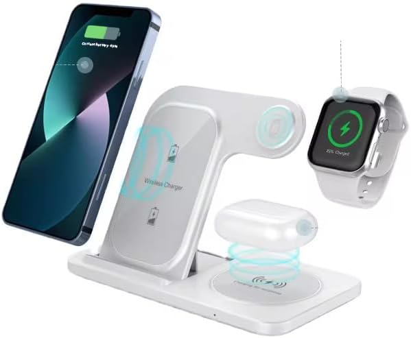 3 in 1 Foldable Wireless Charging Stand for iPhone – Fast Charge Adjustable Angle Compatible with iPhone &amp Android - Travel Ready (White)