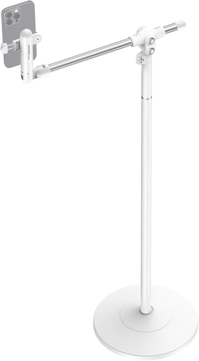 NEEWER Basics Phone Floor Stand with Horizontal Extension Arm Adjustable Cell Phone Holder Clamp Mount Compatible with iPhone Samsung for Video Recording Bed Lying Down Weighted Base ST009 White