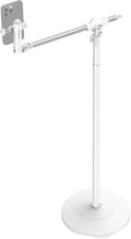 NEEWER Basics Phone Floor Stand with Horizontal Extension Arm Adjustable Cell Phone Holder Clamp Mount Compatible with iPhone Samsung for Video Recording Bed Lying Down Weighted Base ST009 White