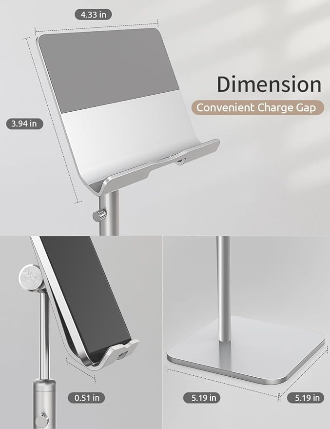 Tablet Stand Height Angle Adjustable Eye-Level Desktop iPad Stands Tablet Holder for Home Office Cradle Dock for iPad Pro 12.9 Air Mini 4 Kindle E-Reader Nexus iPhone (4-13'') Silver