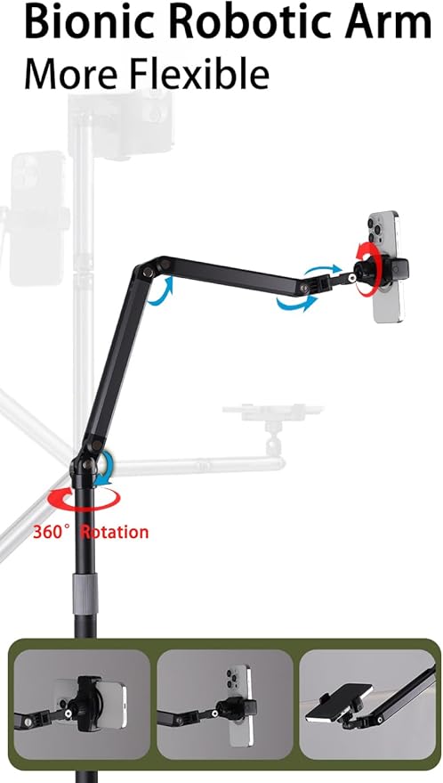 Phone Floor Stand for Recording Cell Phone Holder for Bed Adjustable Tall Stand with Ultra-Long Extension Arm 360° Swivel Compatible with iPhone Samsung and More