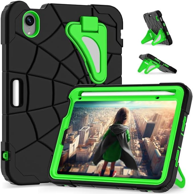 Kids Case for iPad mini 7 A17 Pro 2024/ Mini 6 8.3 inch Spider Case for iPad mini 7th 6th Generation Shockproof Durable Full Protective Cover with Pencil Holder Kickstand (Black+Green)