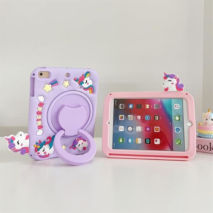 3D Cute Unicorn Case for iPad mini 7 (A17 Pro) 2024/Mini 6 2021 8.3 inchKawaii Cartoon Pretty Animal Soft Silicone Rotating Stand Case with Lanyard for Kids Teens Girls Women- Purple