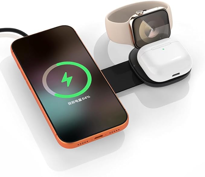 3-in-1 Foldable Magnetic Wireless Charging Station for iPhone 16/15/14/13/12 Apple Watch &amp AirPods - Slim Portable Multi-Device Charger (Black)