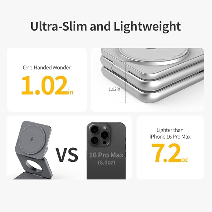REDBEAN 3-in-1 Foldable Wireless Charging Station MagSafe Fast Charger Compatible with iPhone 16/15/14/13/12 Pro Max 5W for AirPods 2W for Apple Watch Series Silver