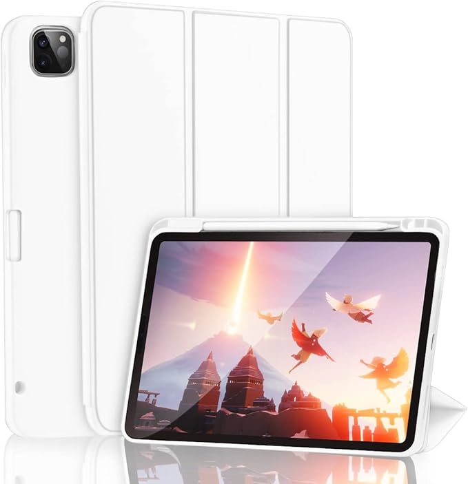 SIWENGDE Cases for iPad Pro 12.9 Case 6th/5th/4th Generation (2022/2021/2020) with Pencil Holder [Apple Pencil Wireless Charging] Soft TPU Smart Tri-fold Stand Protective Cover(White)