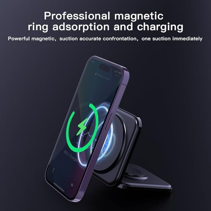 Meenova Foldable 3 in 1 Wireless Charger Compatible with MagSafe Apple iPhone 15 14 13 12 Watch AirPods Lightweight PortableStrong Magnetic Attraction Suitable for Outdoor Offices etc. (Black)
