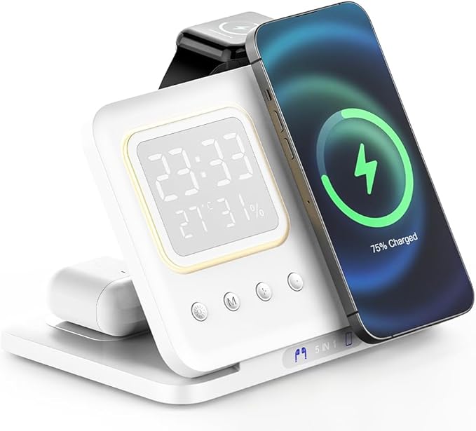 IHAO 5in1 Multi Functional Wireless Charging Station Digital Clock 15W Fast Charging Temperature Display Wireless Charger for All Qi Phone and TWS Headphone Compliant with Apple Watch-D15 White