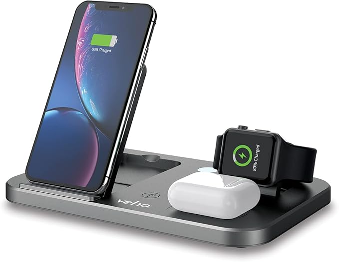 Veho DS-7 Wireless Multi-Charging Station | Qi Wireless Charging | Charges 3 Devices | Output 5W/7.5W/10W | Compatible with Smartphone Phones Apple Watch Airpods and More