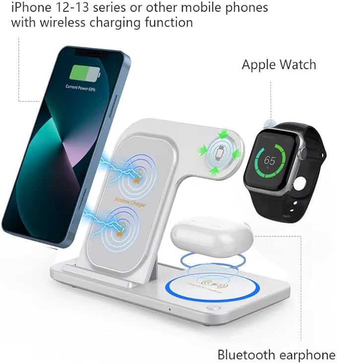 3 in 1 Foldable Wireless Charging Stand for iPhone – Fast Charge Adjustable Angle Compatible with iPhone &amp Android - Travel Ready (White)