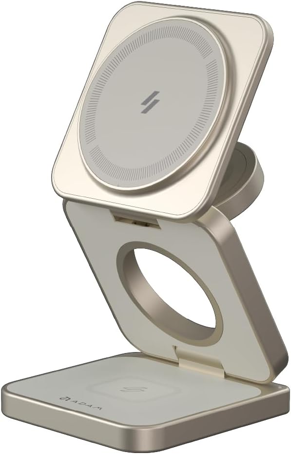 ADAM elements Mag 3 Pro Qi2 3-in-1 Foldable Travel Charging Station 15W Fast Wireless Charger for iPhone 17 16 15 14 13 12 Apple Watch &amp AirPods Compact Magnetic Dock for Desk &amp Travel (Tit