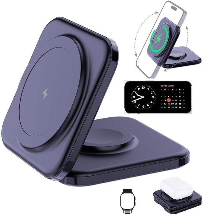 Meenova Foldable 3 in 1 Wireless Charger Compatible with MagSafe Apple iPhone 15 14 13 12 Watch AirPods Lightweight PortableStrong Magnetic Attraction Suitable for Outdoor Offices etc. (Black)