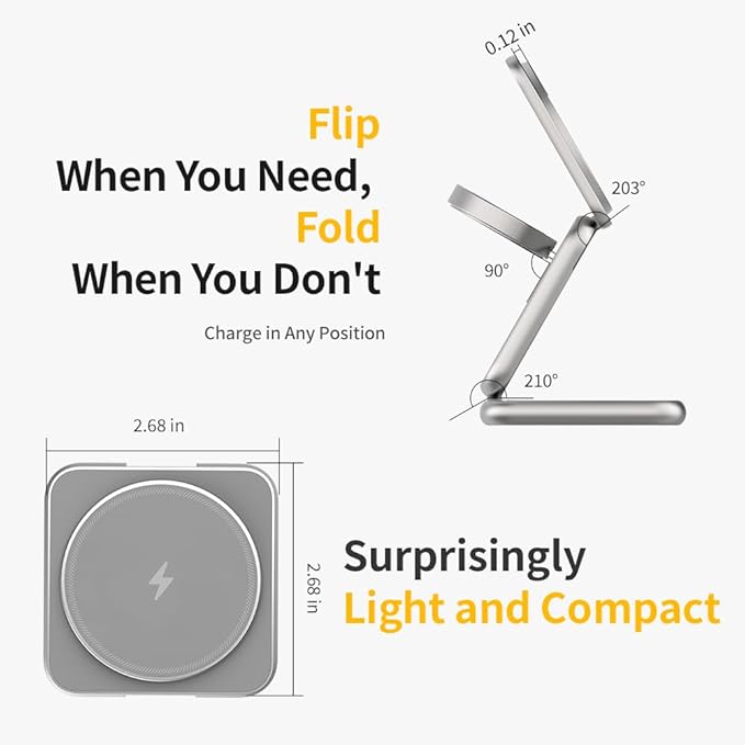 REDBEAN 3-in-1 Foldable Wireless Charging Station MagSafe Fast Charger Compatible with iPhone 16/15/14/13/12 Pro Max 5W for AirPods 2W for Apple Watch Series Silver