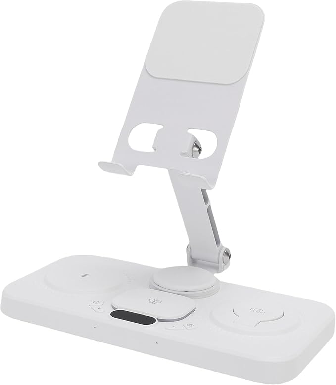 JTLB 6 in 1 Wireless Charger for IOS Device with Alarm Clock and 6 Color Ambient Light 15W Foldable Wired Charging Station (White)