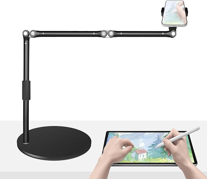 Overhead Phone Mount for Desk 17 Long Arm Adjustable iPhone Holder Heavy Duty Rotatable Stand for Video Recording Live Streaming Crafting Cooking