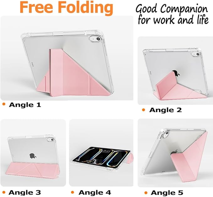 Slim Case for iPad Air 11 Inch M4/M3/M2 (2026 8th/2025 7th/2024 6th) 10.9 Inch 5th Gen 2022/4th Generation 2020 with Pencil Holder Multi-Angle Stand Clear Cute Smart Cover Auto Wake-Sleep (Pink)