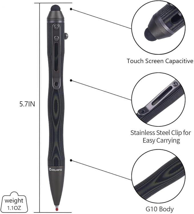 Cool Hand 5.7'' Bolt Action Pens EDC Ballpoint Ink Refillable Stylus for Touch Screen G10 Body w/Pocket Clip Ergonomic Grip with a Free Refill 5375-G