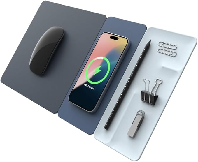 POUT H3 Split Max 3-in-1 Wireless Charging Mouse Pad – Fast Qi Charger Mousepad Mat and Magnetic Tray Organizer – Compatible with Smartphones and Earbuds (Pacific Blue)
