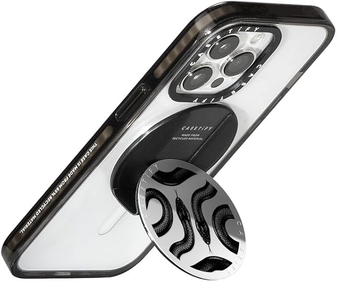 CASETiFY Snappy Grip Stand Compatible with Magsafe - Black Kingsnake - Silver Mirror