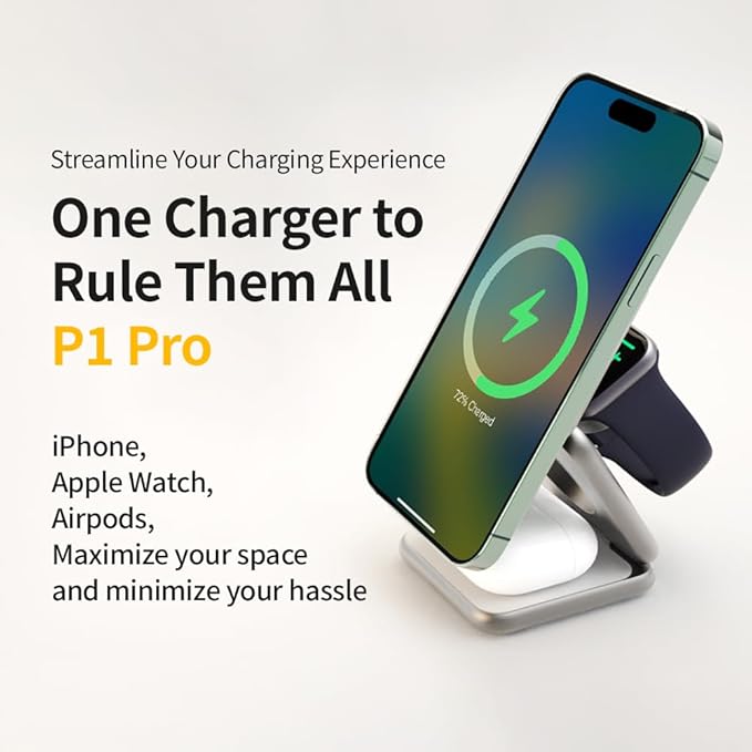 REDBEAN 3-in-1 Foldable Wireless Charging Station MagSafe Fast Charger Compatible with iPhone 16/15/14/13/12 Pro Max 5W for AirPods 2W for Apple Watch Series Silver
