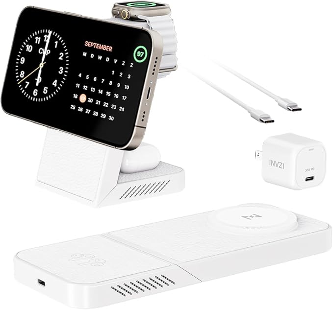3-in-1 Fast Wireless Charging Station Multiple Devices MagFree Transform 15W Magnetic Travel Charger Stand for iPhone 16/15/14/13/12 5W Apple Watch Fast Charger AirPods - 30W USB-C Charger Included
