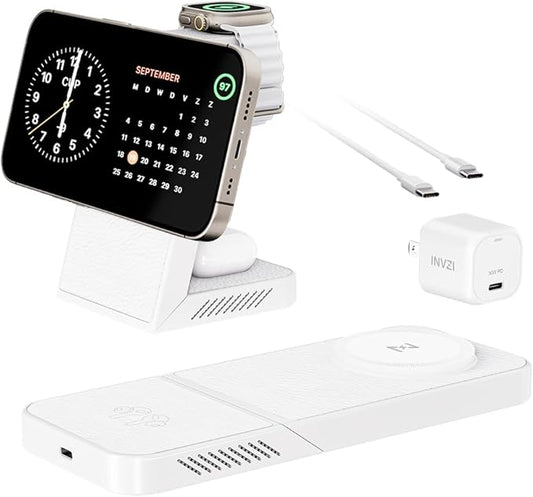 3-in-1 Fast Wireless Charging Station Multiple Devices MagFree Transform 15W Magnetic Travel Charger Stand for iPhone 16/15/14/13/12 5W Apple Watch Fast Charger AirPods - 30W USB-C Charger Included