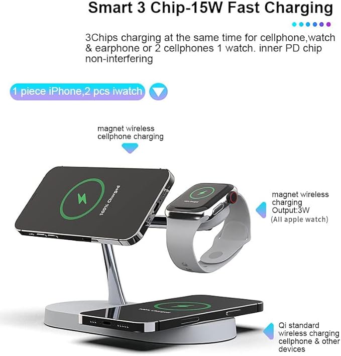 5 in 1 Magnetic Wireless Charging Stand 15W Fast Mag-Safe Charging Station with Neutral Light Design for iPhone 17/16/15/14/13/12 Series iWatch 7/SE/6/5/4/3/2 Airpods 3/2/Pro (White)