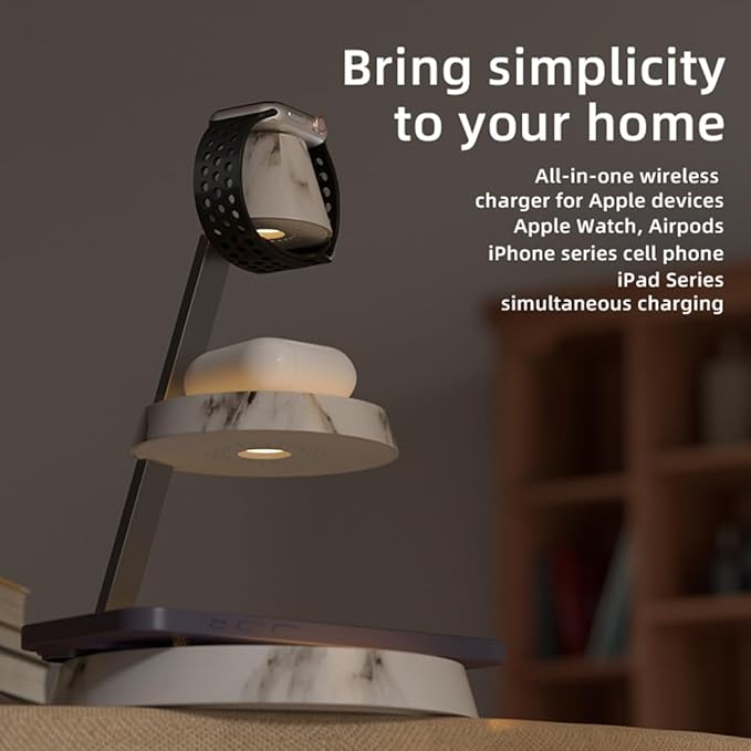 Magnetic Wireless Charger 3 in 1 Tower Standing Upright Double Layer Night Light High-Power Convenient Compatible with Cellphones/Wireless Earbuds/Apple Watch (Marble Style)