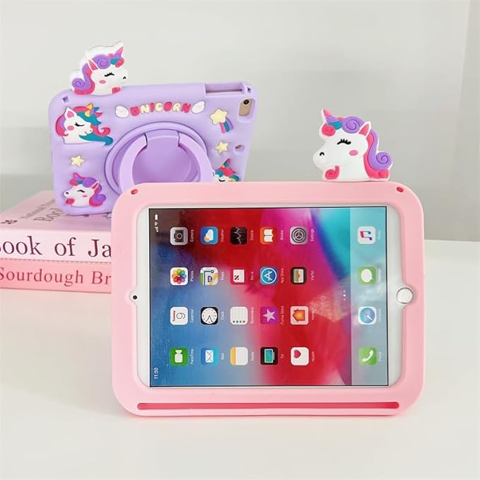 3D Cute Unicorn Case for iPad mini 7 (A17 Pro) 2024/Mini 6 2021 8.3 inchKawaii Cartoon Pretty Animal Soft Silicone Rotating Stand Case with Lanyard for Kids Teens Girls Women- Purple